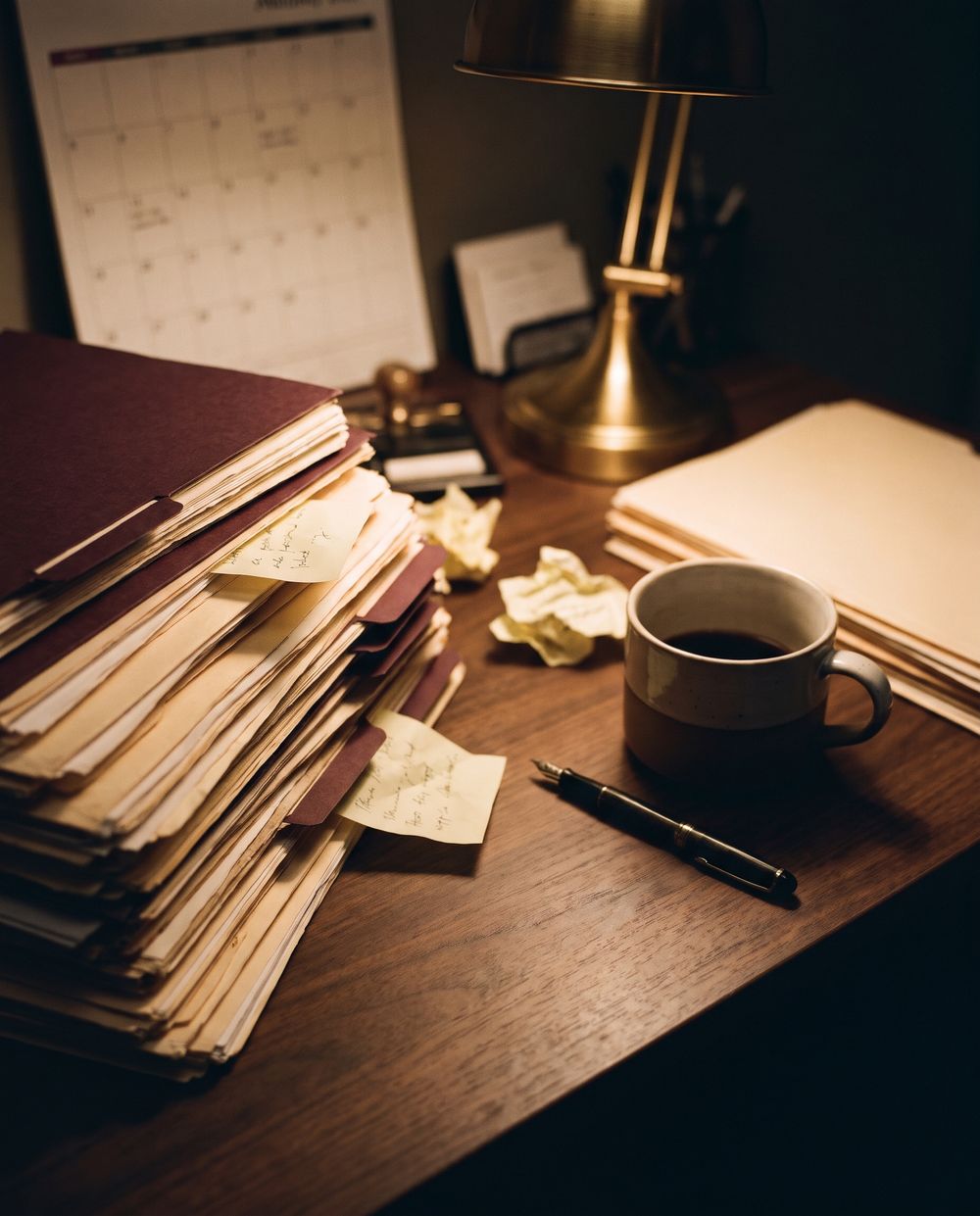 Escritorio de abogado lleno de carpetas, notas y un calendario de papel